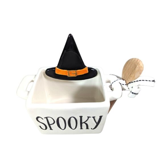 Mudd Pie Spooky Ceramic Bowl Wood Spoon Witch Hat White Black Halloween Gift NEW - Picture 2 of 5